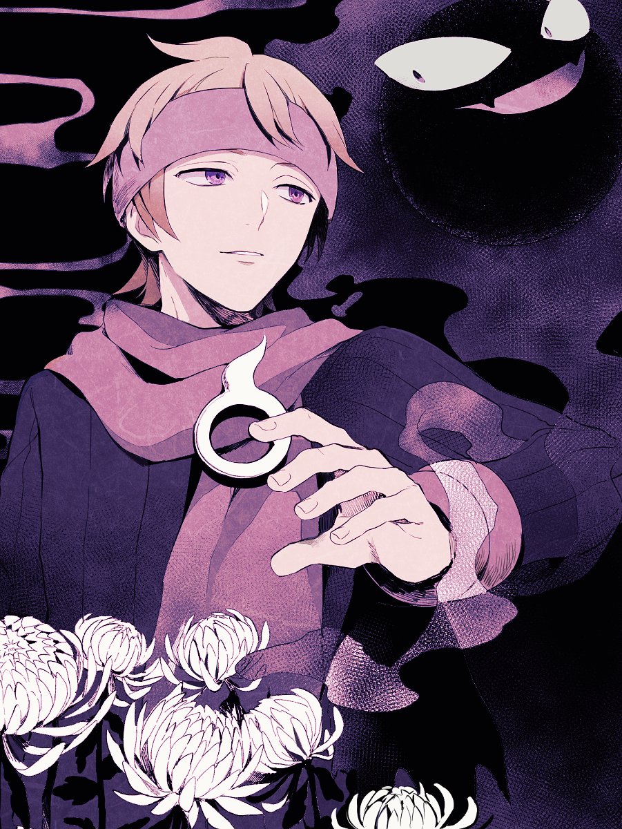 1boy bangs black_sweater blonde_hair commentary_request gastly headband highres male_focus morty_(pokemon) parted_lips pokemon pokemon_(creature) pokemon_(game) pokemon_hgss purple_headband purple_scarf ribbed_sweater scarf short_hair smile smoke sweater upper_body violet_eyes yukin_(es)