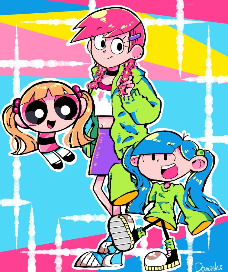 blossom_(ppg) cartoon_network codename:_kids_next_door commentary crossover danishi foster's_home_for_imaginary_friends frankie_foster kuki_sanban powerpuff_girls short_hair smile