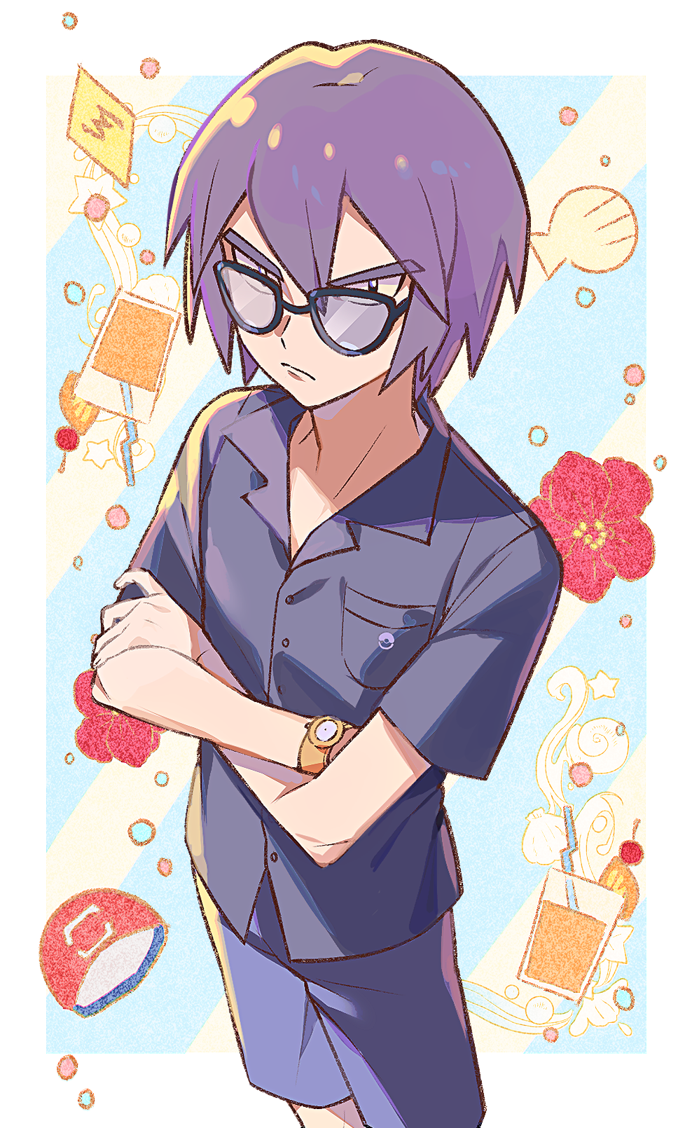 1boy alternate_costume bangs bespectacled black_eyes border breast_pocket buttons closed_mouth collared_shirt commentary_request crossed_arms frown glasses highres male_focus paul_(pokemon) pocket pokemon pokemon_(anime) pokemon_dppt_(anime) purple_hair shirt short_hair short_sleeves shorts solo tuze111 watch watch white_border