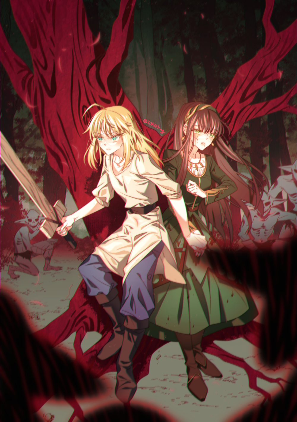 2girls 3orgning ahoge artoria_pendragon_(fate) belt blonde_hair blue_pants boots brown_belt brown_footwear brown_hair dress fate/grand_order fate_(series) forest goblin green_dress green_eyes highres holding holding_hands holding_sword holding_weapon long_hair long_sleeves mixed-language_commentary multiple_girls nature pants short_sleeves sword tree tunic weapon wooden_sword younger