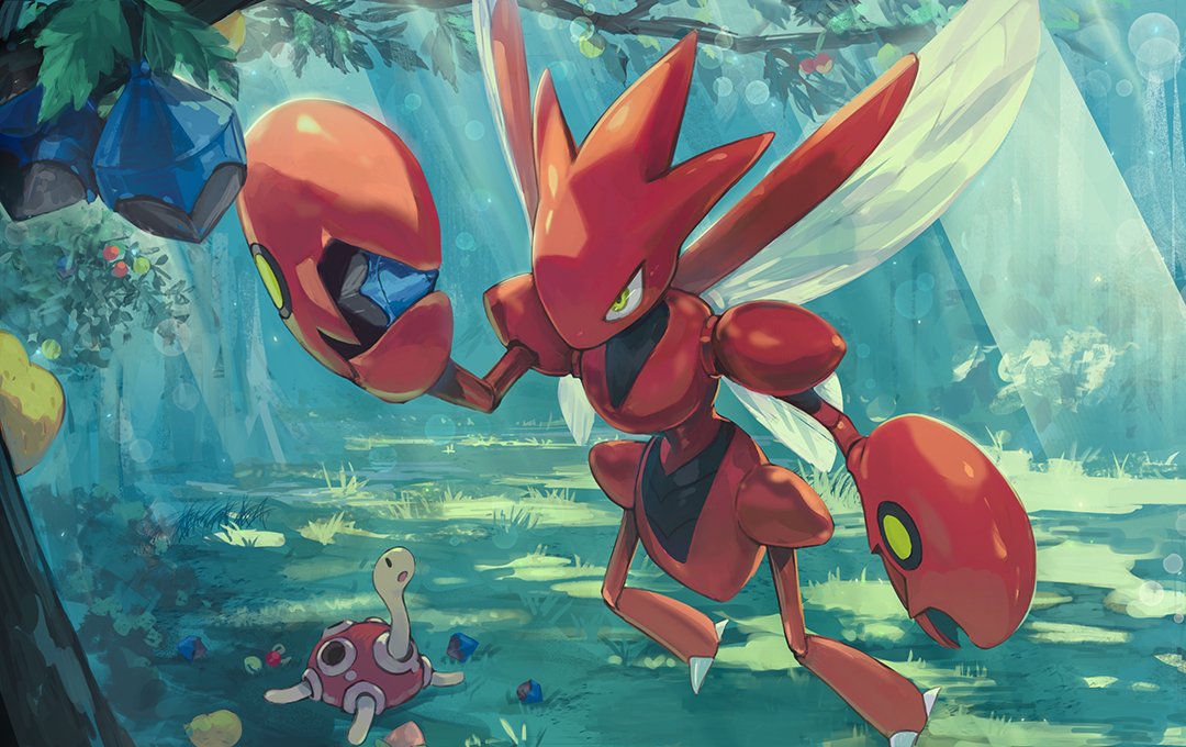 berry_(pokemon) commentary_request grass holding horns lens_flare light_rays makihitsuji no_humans pincers pokemon pokemon_(creature) scizor shuckle yellow_eyes