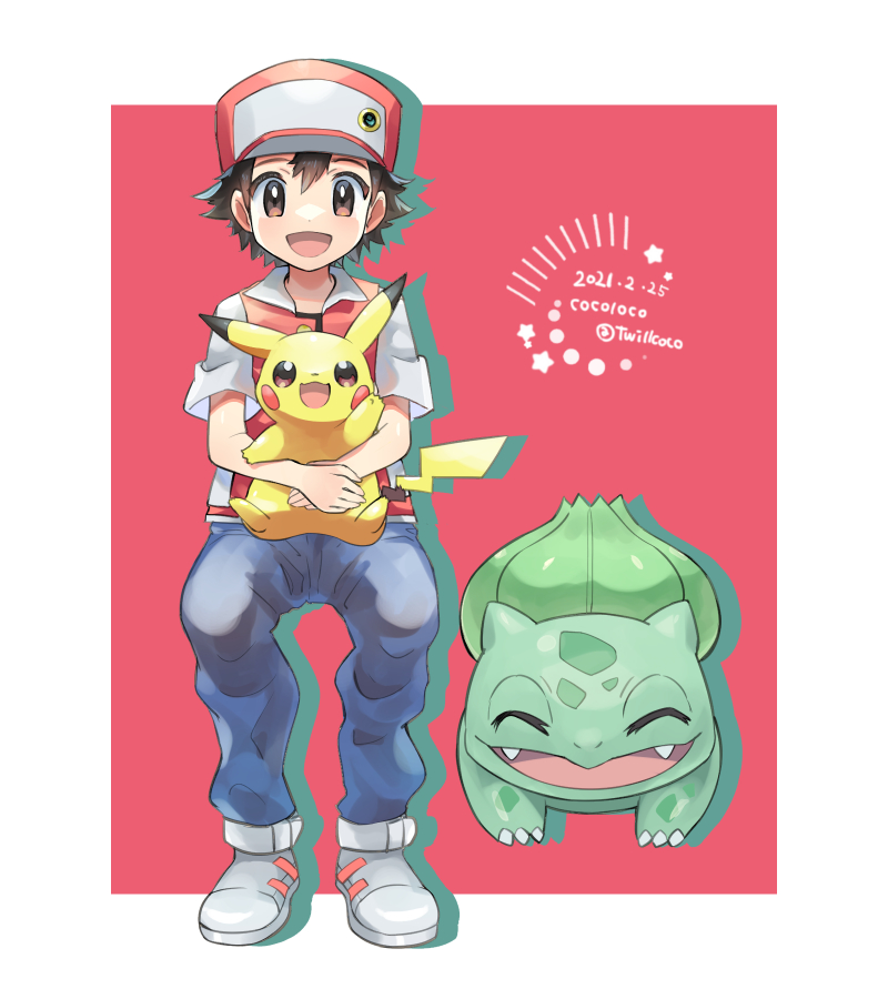 1boy :d artist_name bangs border brown_eyes bulbasaur cocoloco commentary_request dated hat holding holding_pokemon invisible_chair jacket looking_at_viewer male_focus open_mouth pants pikachu pokemon pokemon_(creature) pokemon_(game) pokemon_rgby red_(pokemon) red_headwear shoes short_hair short_sleeves sitting smile tongue twitter_username white_border