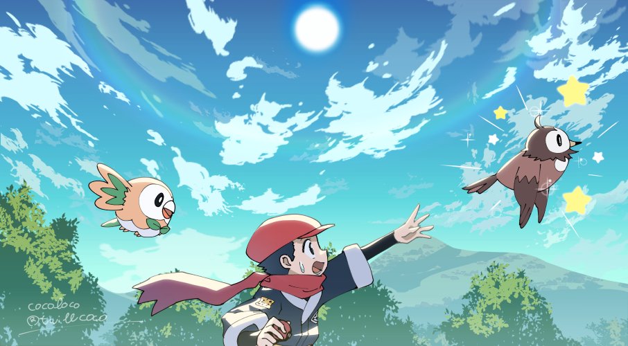 1boy alternate_color artist_name bird black_shirt clouds cocoloco commentary_request day floating_scarf hat holding holding_poke_ball jacket lower_teeth male_focus open_mouth outdoors outstretched_hand poke_ball pokemon pokemon_(game) pokemon_legends:_arceus red_headwear red_scarf rei_(pokemon) rowlet scarf shiny_pokemon shirt sky star_(symbol) starly sun sweatdrop teeth tongue twitter_username watermark