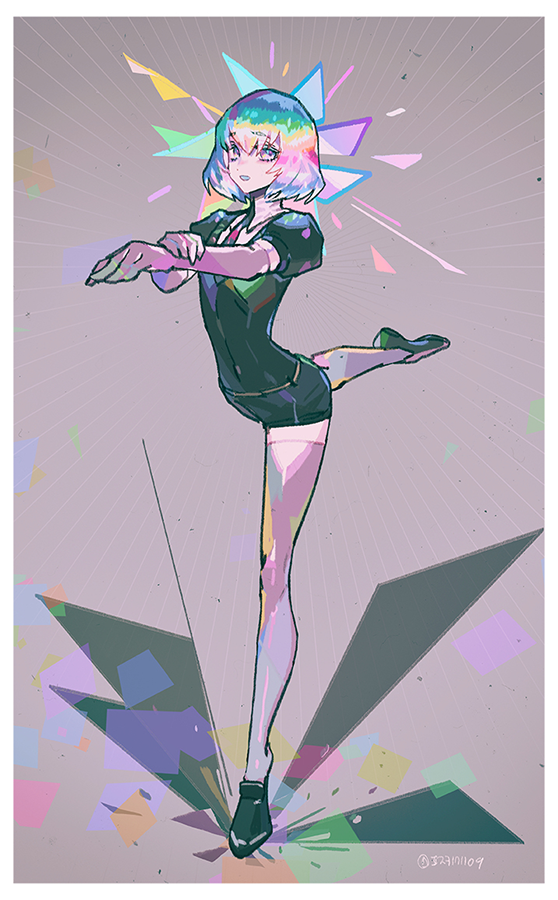 1other androgynous ballerina bangs black_footwear black_necktie border crystal_hair diamond_(houseki_no_kuni) elbow_gloves flexible full_body gem_uniform_(houseki_no_kuni) gloves glowing grey_background grey_gloves grey_legwear hand_on_own_arm haun houseki_no_kuni leg_lift leg_up looking_at_viewer multicolored_hair necktie other_focus outstretched_arms plantar_flexion puffy_short_sleeves puffy_sleeves rainbow_hair short_hair short_sleeves shorts smile solo sparkle standing standing_on_one_leg thigh-highs