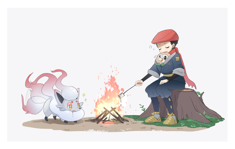 1boy black_hair black_shirt bubble campfire closed_eyes cocoloco commentary_request fire food grass grey_jacket grey_pants hat hisuian_zorua holding holding_stick inside_clothes jacket leaf logo male_focus marshmallow pants pokemon pokemon_(creature) pokemon_(game) pokemon_legends:_arceus rei_(pokemon) rowlet scarf shirt shoes short_hair sitting stick tree_stump yellow_footwear