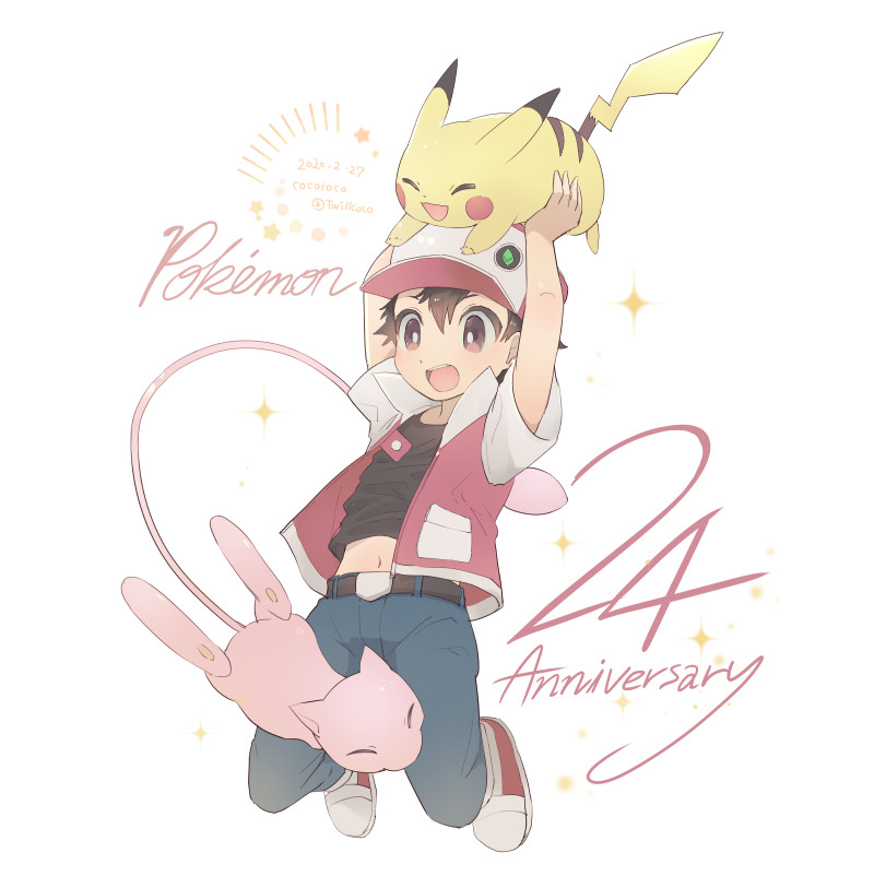 1boy :d anniversary arms_up bangs belt belt_buckle bright_pupils brown_eyes brown_hair buckle cocoloco commentary_request copyright_name dated holding holding_pokemon jacket male_focus mew navel open_mouth pants pikachu pokemon pokemon_(creature) pokemon_(game) pokemon_rgby red_(pokemon) shirt shoes short_hair short_sleeves smile star_(symbol) teeth tongue twitter_username upper_teeth white_background white_pupils