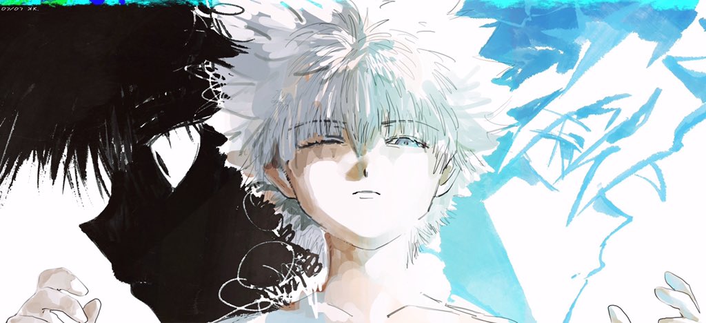 1boy 7enn angry bangs blue_eyes comparison contrast expressionless frown hair_between_eyes hands_up hunter_x_hunter killua_zoldyck looking_at_viewer male_focus multiple_views one_eye_closed portrait profile sad short_hair sketch solo spiky_hair white_background white_hair wide-eyed