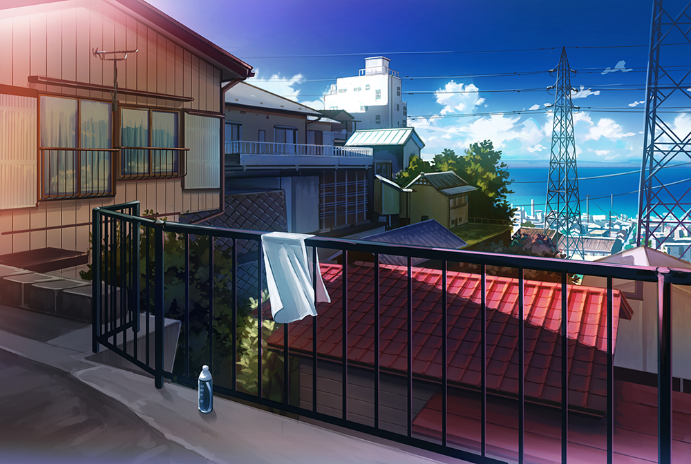 blue_sky bottle building clouds commentary_request fence house mizuasagi no_humans ocean original power_lines railing scenery shadow sky summer towel transmission_tower water_bottle