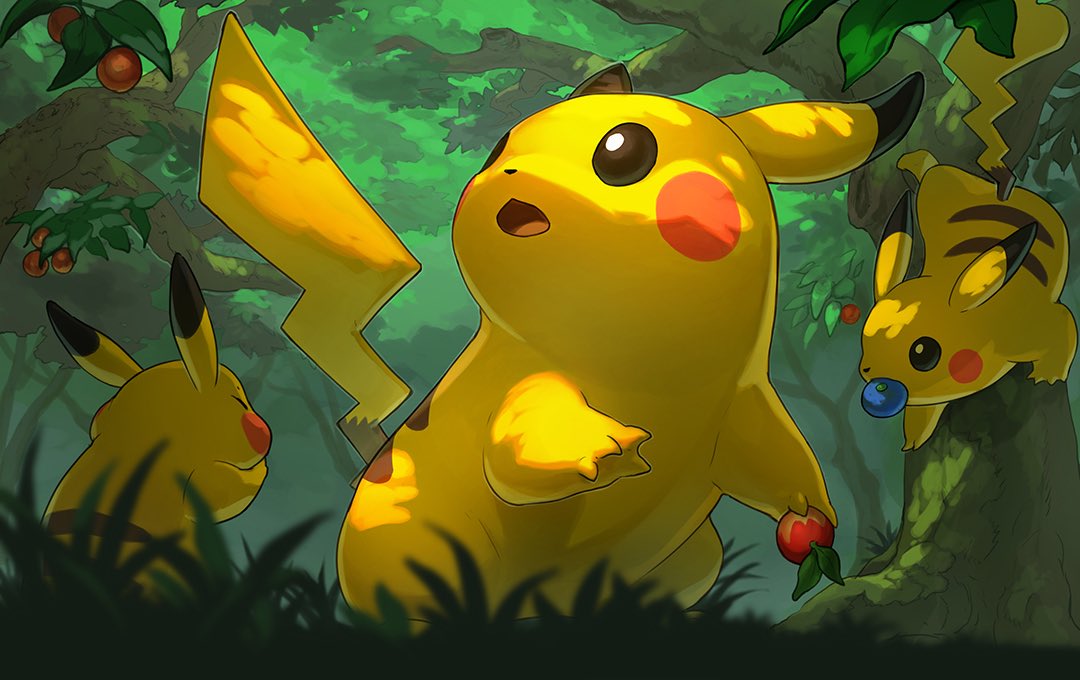 berry_(pokemon) black_eyes blurry closed_eyes commentary_request day grass mouth_hold no_humans open_mouth oran_berry outdoors pikachu pokemon pokemon_(creature) tongue tree yamamura_le