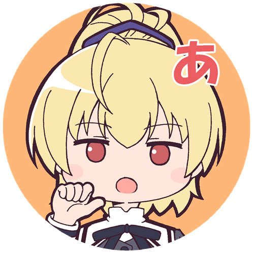1girl :o ahoge andou_tazusa assault_lily bangs black_ribbon blonde_hair blush buttons chibi circle commentary_request eyebrows_visible_through_hair hair_ribbon hand_up high_ponytail long_sleeves looking_at_viewer lowres masaki_itsuki neck_ribbon no_pupils open_mouth orange_background ponytail portrait purple_ribbon red_eyes ribbon school_uniform short_hair sign_language simple_background solo thumbs_up translated transparent_background yurigaoka_girls_academy_school_uniform