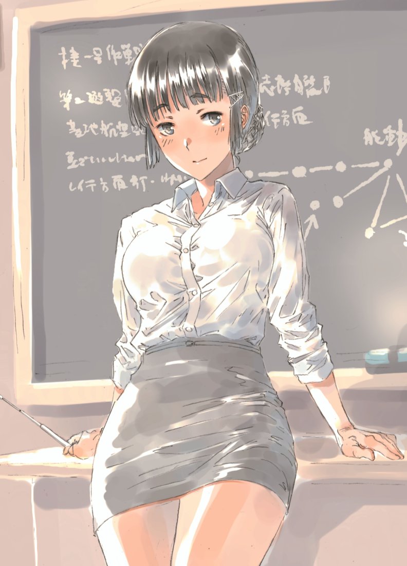 1girl bare_legs black_skirt board_eraser braid braided_bun breasts brown_eyes brown_hair chalk chalkboard classroom collared_shirt desk eyebrows_visible_through_hair hair_bun indoors kantai_collection kuzohujimaru long_hair long_sleeves medium_breasts myoukou_(kancolle) myoukou_kai_ni_(kancolle) on_desk pointer school school_desk shirt single_hair_bun sitting skirt smile teacher thick_eyebrows white_shirt