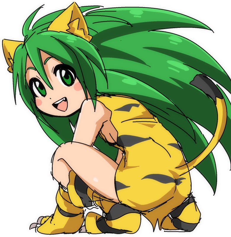 1girl animal_ears animal_hands animal_print breasts cat_ears cat_tail cham_cham fang full_body gloves green_eyes green_hair long_hair looking_at_viewer open_mouth paw_gloves paw_shoes samurai_spirits simple_background sketch small_breasts smile solo tail tiger_print white_background yuuya_(blue_scarab)