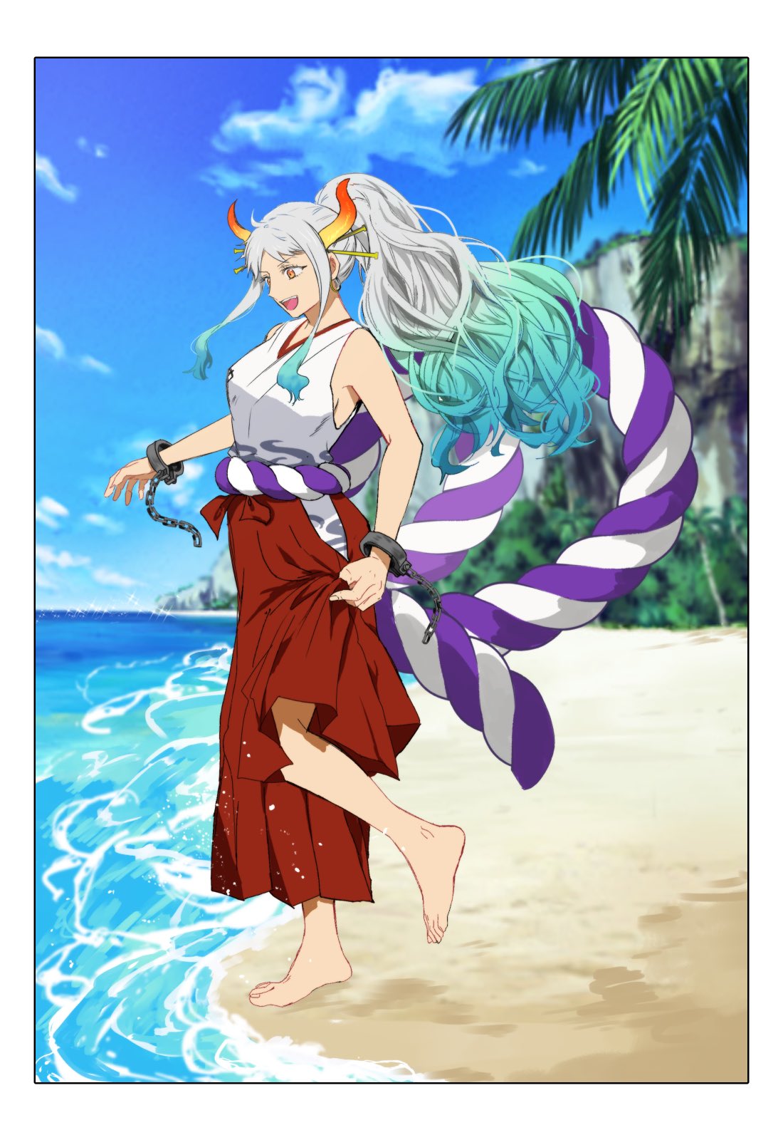 1girl akmn aqua_hair arms_at_sides bare_arms bare_shoulders barefoot beach blue_sky blurry blurry_background border chain clothes_lift cuffs curled_horns earrings floating_hair foot_up from_side full_body green_hair grey_hair hair_ornament hair_stick hakama hakama_pants high_ponytail highres horizon horns japanese_clothes jewelry kimono leaning_to_the_side lifted_by_self long_hair looking_down multicolored_hair multicolored_horns ocean one_piece oni open_mouth orange_eyes palm_tree pants red_hakama red_horns rope sand shackles shimenawa sidelocks sky sleeveless sleeveless_kimono smile solo standing standing_on_one_leg toes tree very_long_hair water yamato_(one_piece) yellow_horns