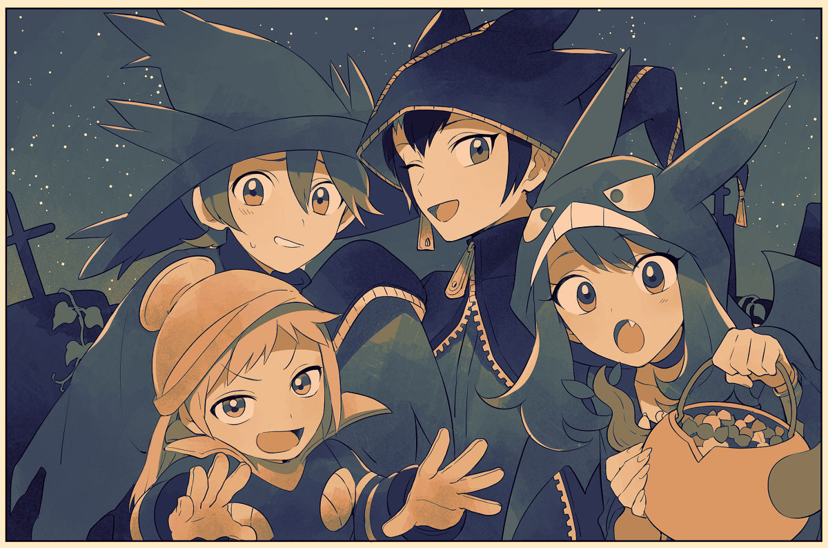 1girl 3boys ;d banette banette_(cosplay) bangs black_hair border brendan_(pokemon) brown_eyes brown_hair candy_wrapper character_request commentary_request cosplay crobat crobat_(cosplay) dusknoir dusknoir_(cosplay) emerald_(pokemon) fang halloween halloween_bucket halloween_costume hat hood hood_up long_hair looking_at_viewer male_focus may_(pokemon) mismagius mismagius_(cosplay) multiple_boys night one_eye_closed open_mouth outdoors pokemon pokemon_adventures short_hair sky smile star_(sky) sweatdrop tongue yukin_(es) zipper zipper_pull_tab