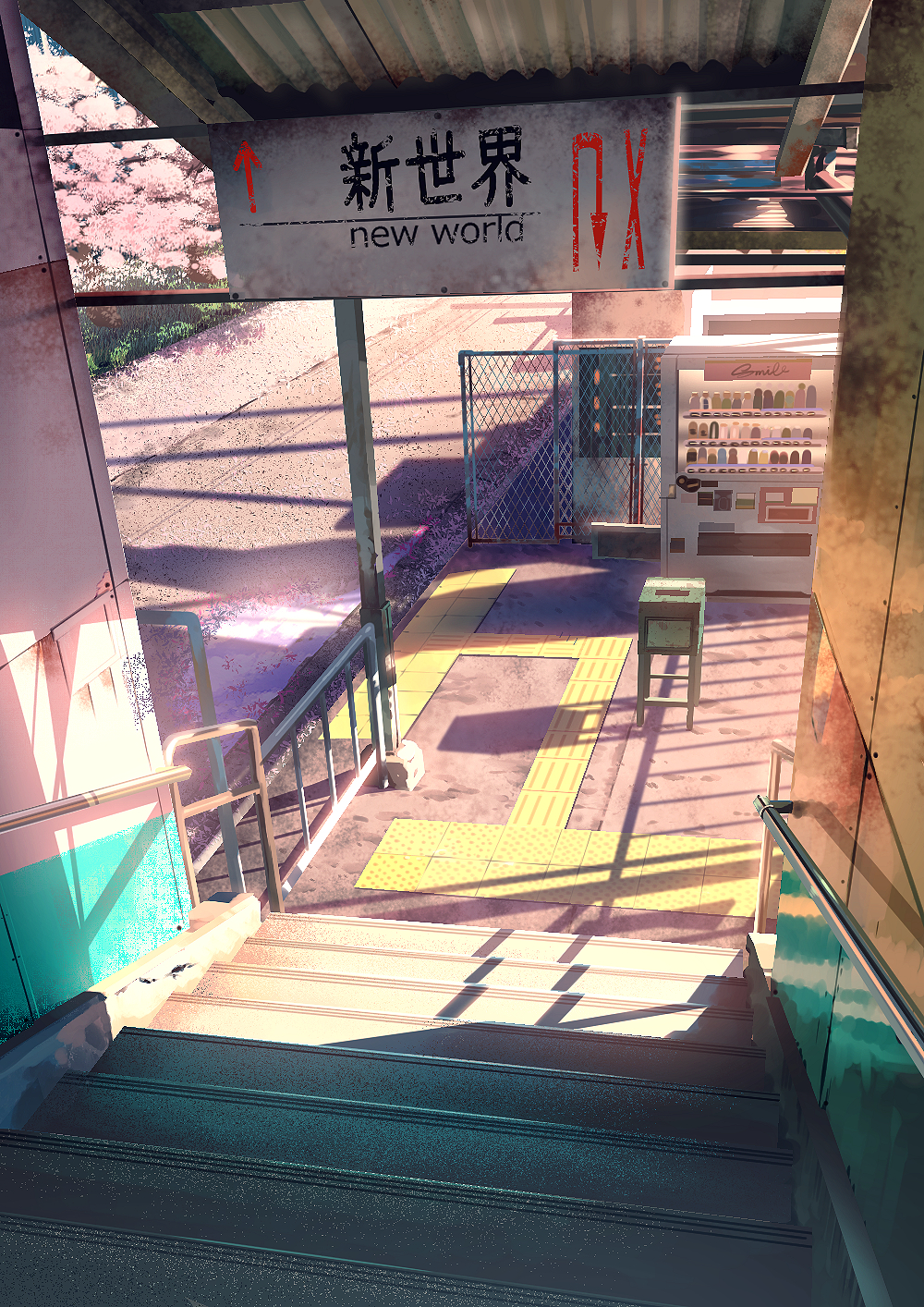 cherry_blossoms commentary_request fence grass highres no_humans original outdoors scenery shadow smile_(qd4nsvik) stairs train_station train_station_platform vending_machine