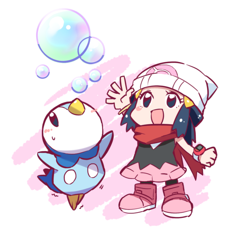 1girl :d ayo_(ayosanri009) bird black_eyes black_hair black_legwear bright_pupils bubble chibi clenched_hand commentary dress full_body hand_up hat hikari_(pokemon) looking_up open_mouth penguin pink_dress pink_footwear piplup poke_ball_print pokemon pokemon_(creature) red_scarf scarf shoes smile sneakers solo standing watch watch white_pupils
