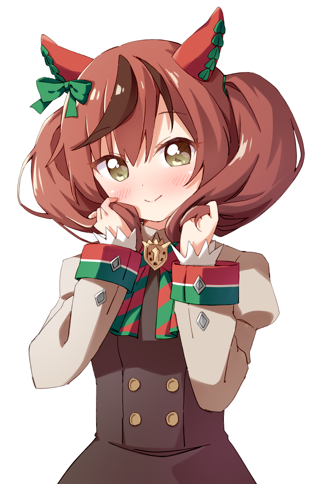 1girl bangs blush bow bowtie bright_pupils brown_dress brown_hair closed_mouth collared_dress cowboy_shot diagonal-striped_bow dress ear_covers eyebrows_visible_through_hair eyes_visible_through_hair green_bow green_bowtie hair_between_eyes hair_bow hair_ornament hands_in_hair haru_(konomi_150) highres horse_girl juliet_sleeves long_hair long_sleeves looking_at_viewer multicolored_bowtie multicolored_hair nice_nature_(umamusume) puffy_sleeves red_bow red_bowtie simple_background smile solo standing straight_hair tsurime twintails two-tone_hair umamusume white_background yellow_eyes