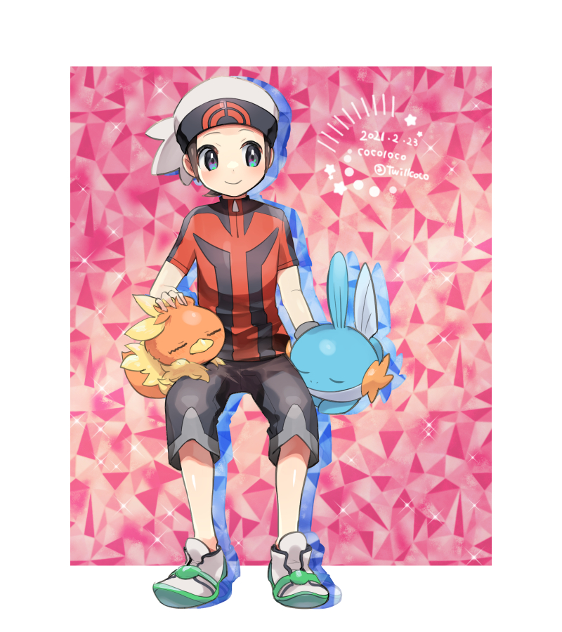 1boy artist_name beanie black_pants blue_eyes blush bracelet brendan_(pokemon) brown_hair capri_pants closed_mouth cocoloco commentary_request dated green_footwear grey_eyes hat invisible_chair jewelry male_focus mudkip pants pokemon pokemon_(game) pokemon_oras shirt shoes short_hair short_sleeves sitting smile sneakers tight tight_shirt torchic turtleneck twitter_username white_footwear white_headwear zipper_pull_tab