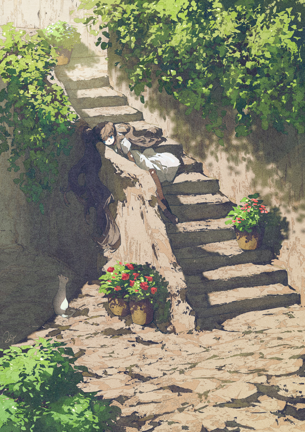 1girl bangs blue_eyes brown_hair cat dress flower highres long_hair original outdoors plant potg_(piotegu) red_flower scenery solo stairs white_cat white_dress