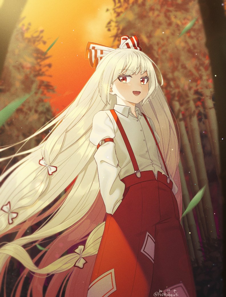 1girl :d bamboo bamboo_forest bangs blurry blurry_background bow buttons collared_shirt forest fujiwara_no_mokou gradient_sky hair_bow hands_in_pockets long_hair looking_at_viewer multiple_boys nature nupeya ofuda ofuda_on_clothes open_mouth orange_background outdoors pants red_eyes red_pants shirt signature sky smile solo standing suspenders touhou twitter_username very_long_hair white_hair white_shirt