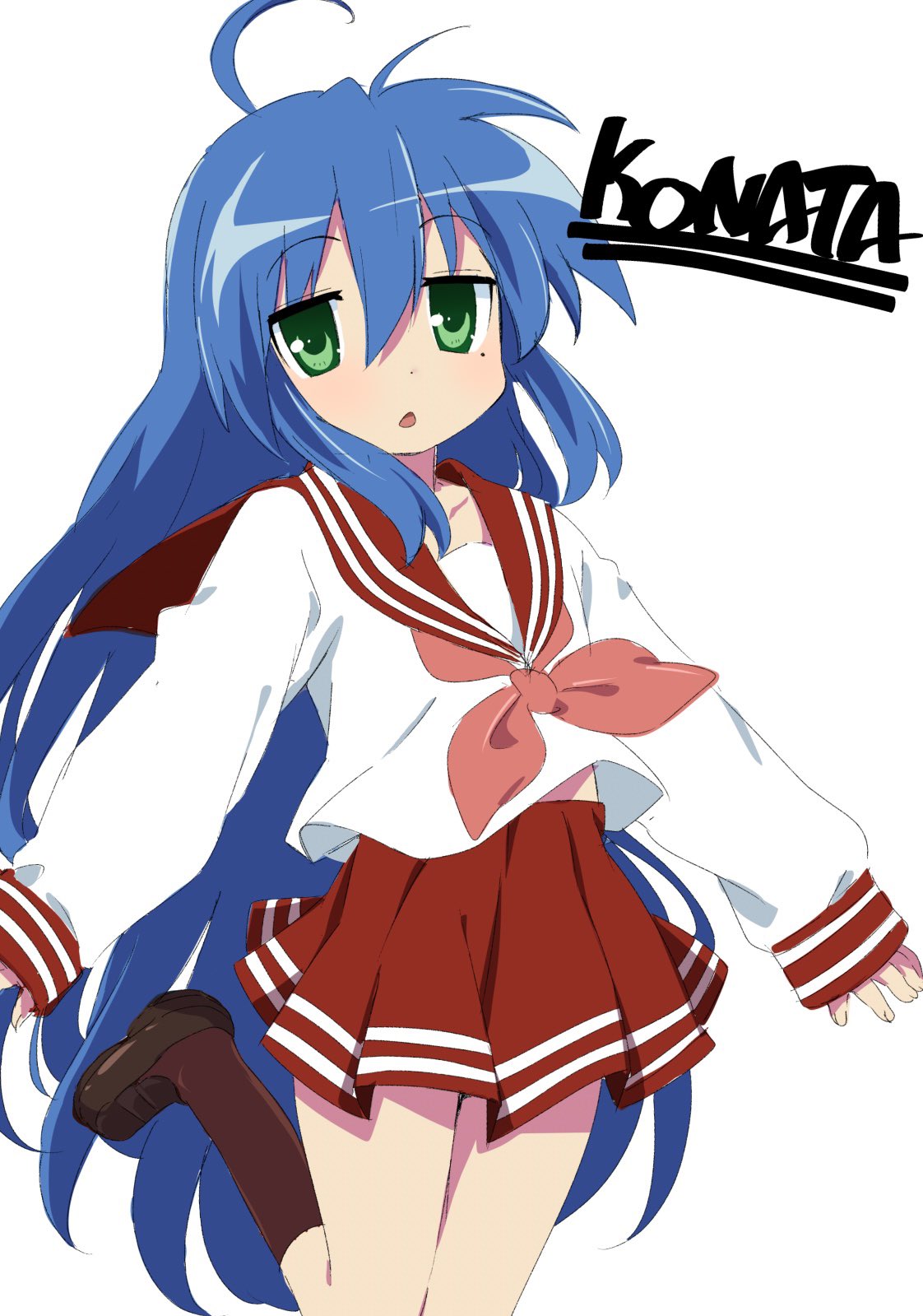 1girl ahoge bangs blue_hair brown_footwear brown_legwear character_name commentary_request eyebrows_visible_through_hair green_eyes haaam hair_between_eyes highres izumi_konata jumping kneehighs loafers long_hair long_sleeves lucky_star mole mole_under_eye neckerchief pink_neckerchief red_sailor_collar red_skirt ryouou_school_uniform sailor_collar school_uniform serafuku shoes simple_background skirt solo white_background