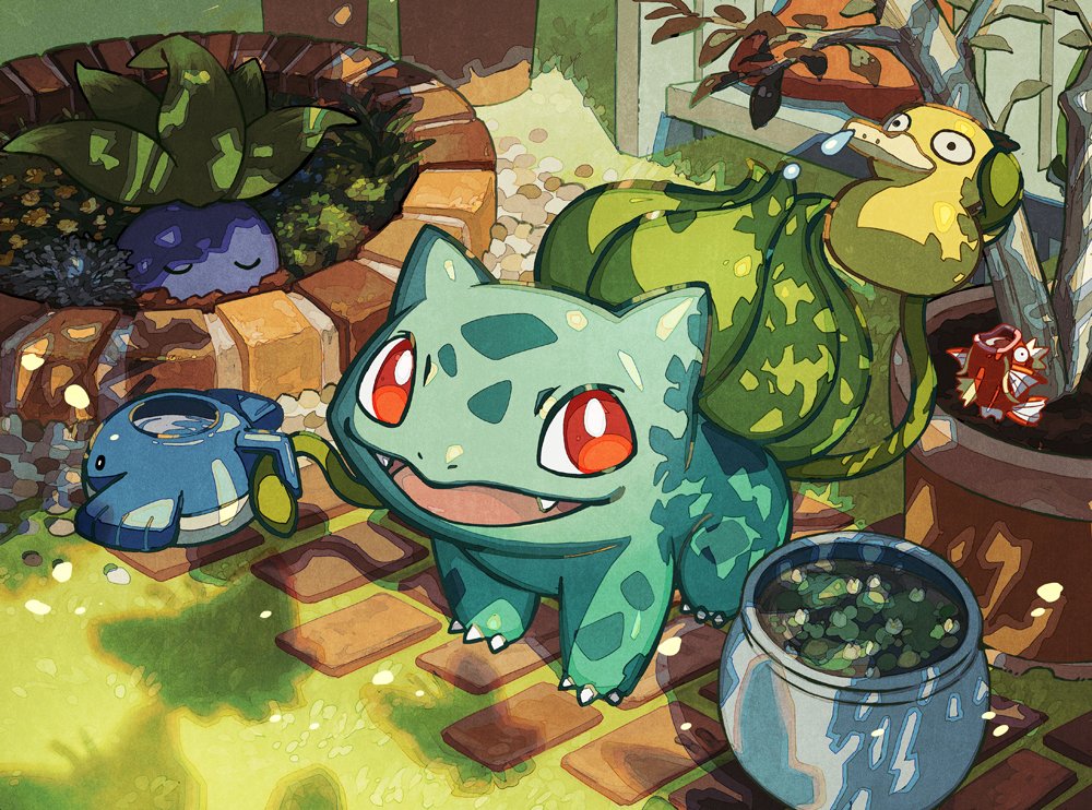 :d bright_pupils bulbasaur claws commentary_request day fangs flower_pot grass holding no_humans oddish open_mouth outdoors pokemon pokemon_(creature) psyduck red_eyes smile tami_yagi themed_object tongue wailmer_pail white_pupils