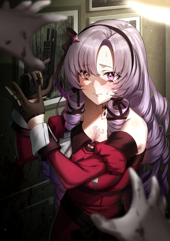 1girl 1other bangs bare_shoulders black_gloves blush chest_tattoo detached_sleeves dress drill_hair gloves gun hands_up holding holding_gun holding_weapon hyakumantenbara_salome indoors long_sleeves nijisanji niwachichi_(maekawasan) parted_bangs picture_(object) purple_hair resident_evil resident_evil_7 scorpion_tattoo solo_focus sweat tattoo violet_eyes virtual_youtuber weapon zombie