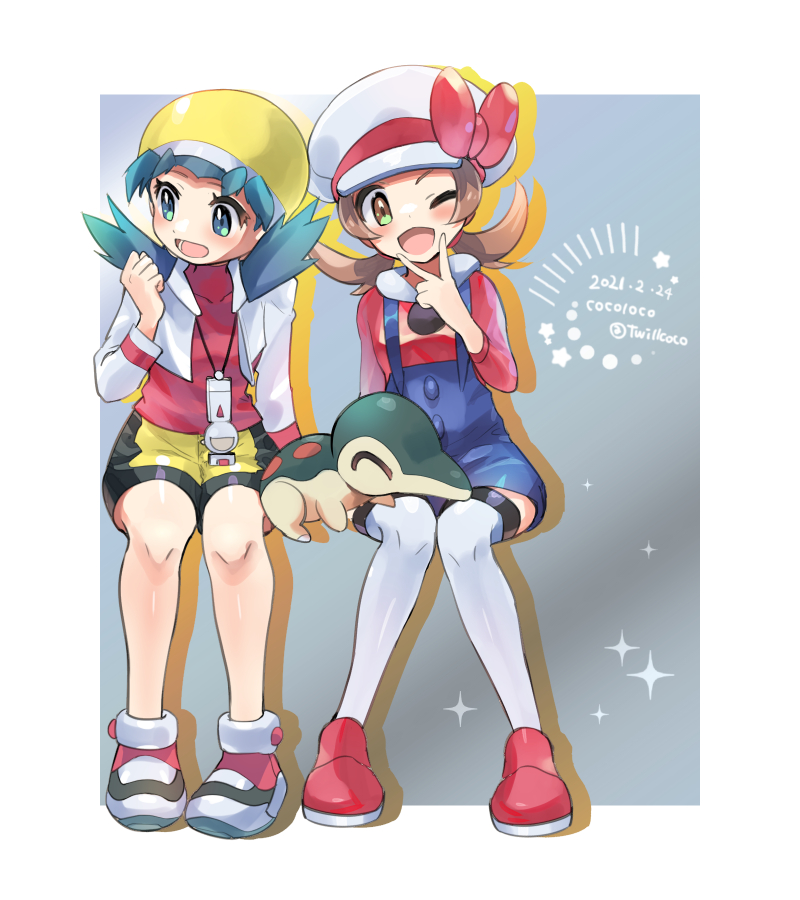 2girls artist_name blue_overalls border bow brown_eyes brown_hair cabbie_hat cocoloco commentary_request covered_collarbone cropped_jacket cyndaquil dated eyelashes green_eyes green_hair hat hat_bow invisible_chair jacket knees kris_(pokemon) long_hair lower_teeth lyra_(pokemon) multiple_girls open_mouth overalls pokemon pokemon_(creature) pokemon_(game) pokemon_gsc pokemon_hgss red_bow red_footwear red_shirt shiny shiny_skin shirt shoes sitting sparkle star_(symbol) teeth thigh-highs tongue twintails twitter_username white_border white_headwear white_jacket white_legwear yellow_headwear