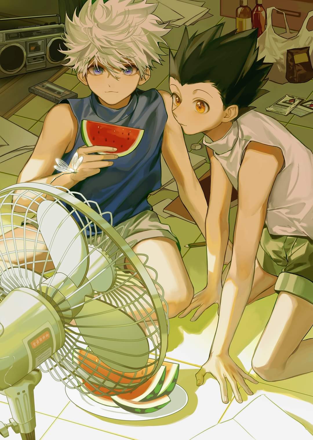 2boys black_hair blue_eyes boombox bug cassette_tape electric_fan food fruit gon_freecss green_shorts highres holding holding_food hunter_x_hunter indoors insect_wings killua_zoldyck male_focus messy messy_room multiple_boys on_floor plate shirt short_hair short_sleeves shorts spiky_hair stereo tape to_e watermelon white_hair wings