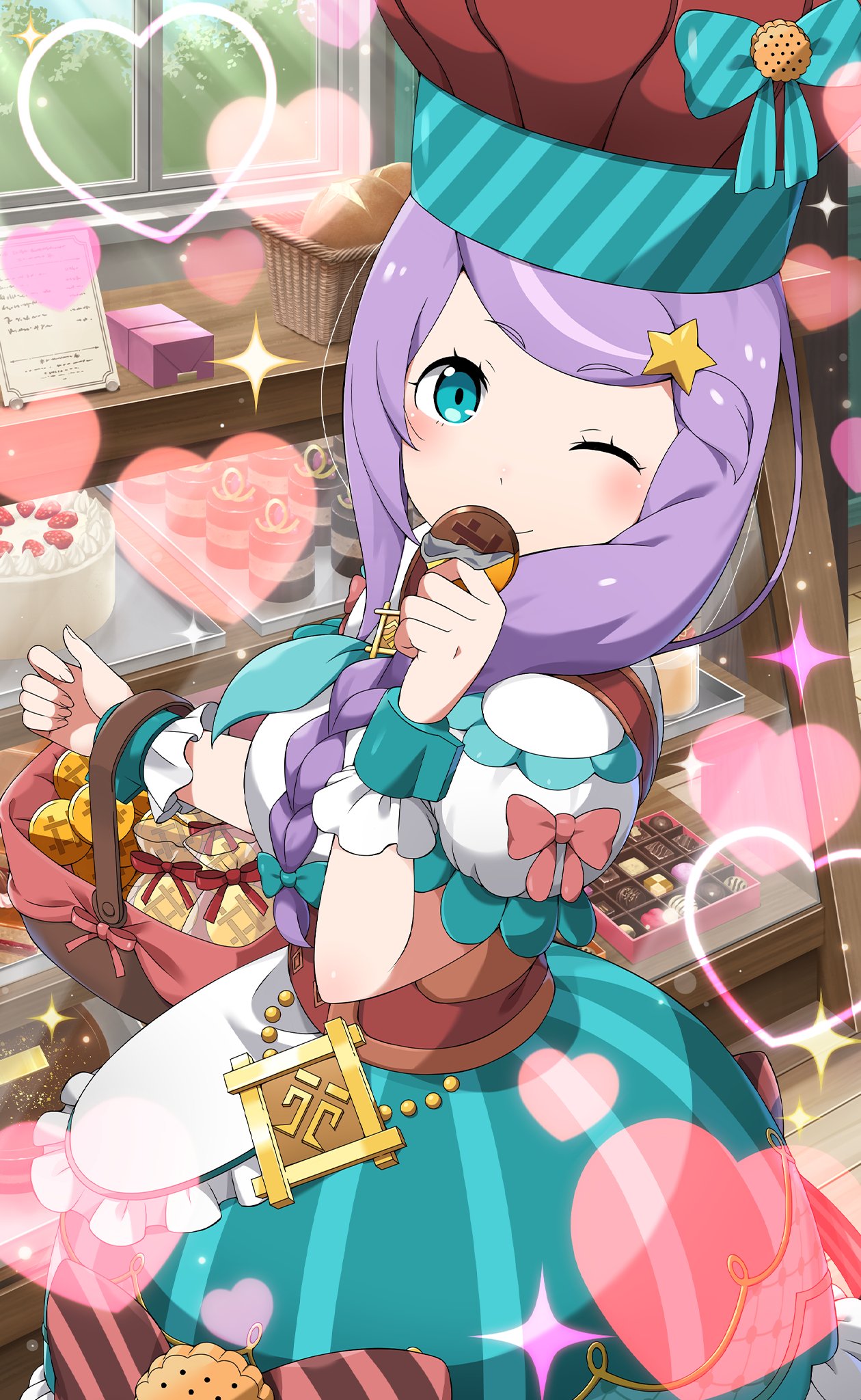 1girl alternate_costume anastasia_hoshin aqua_dress aqua_eyes bakery blush bow braid cake candy chef_hat chef_uniform chocolate chocolate_bar display_case dress food hair_ornament hat hat_bow highres long_sleeves official_art one_eye_closed puffy_short_sleeves puffy_sleeves purple_hair re:zero_kara_hajimeru_isekai_seikatsu shop short_sleeves single_braid smile star_(symbol) star_hair_ornament