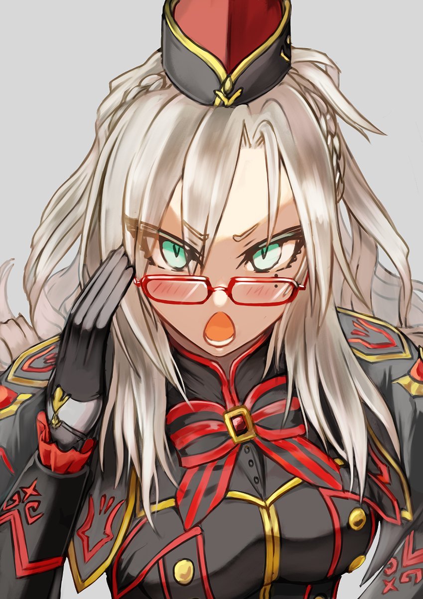1girl adjusting_eyewear ascot bangs bespectacled black_dress black_gloves black_headwear blush braid breasts capelet dress fate/grand_order fate_(series) french_braid frown glasses gloves green_eyes grey_hair highres kriemhild_(fate) kriemhild_(second_ascension)_(fate) kyuppon1 long_hair looking_at_viewer mole mole_under_eye red-framed_eyewear upper_body