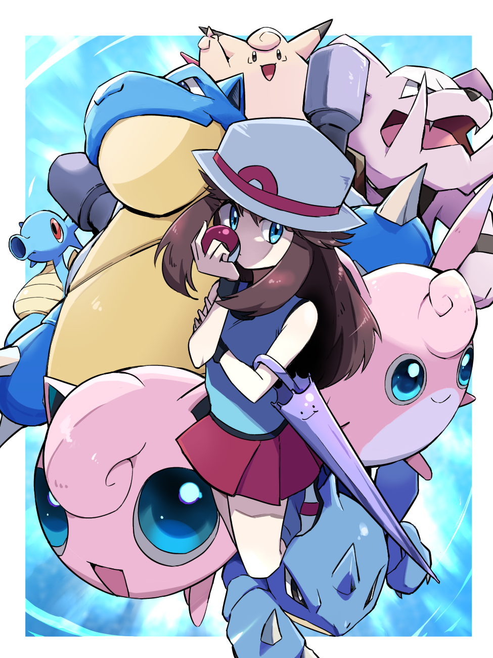 1girl ayo_(ayosanri009) bangs black_wristband blastoise blue_eyes blue_shirt border brown_hair clefable closed_mouth commentary_request ditto granbull green_(pokemon) hat highres holding holding_poke_ball horsea jigglypuff long_hair looking_at_viewer loose_socks nidoqueen pleated_skirt poke_ball poke_ball_(basic) pokemon pokemon_(creature) pokemon_adventures red_skirt shadow shirt shoes sidelocks skirt sleeveless sleeveless_shirt standing standing_on_one_leg umbrella white_border white_headwear wigglytuff wristband