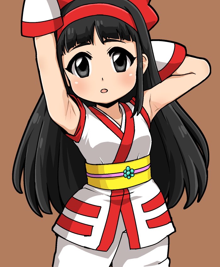 1girl ainu_clothes armpits black_eyes black_hair bow breasts hair_bow hairband hiru_made_ne-tarou long_hair looking_at_viewer nakoruru open_mouth red_bow samurai_spirits simple_background solo sweat