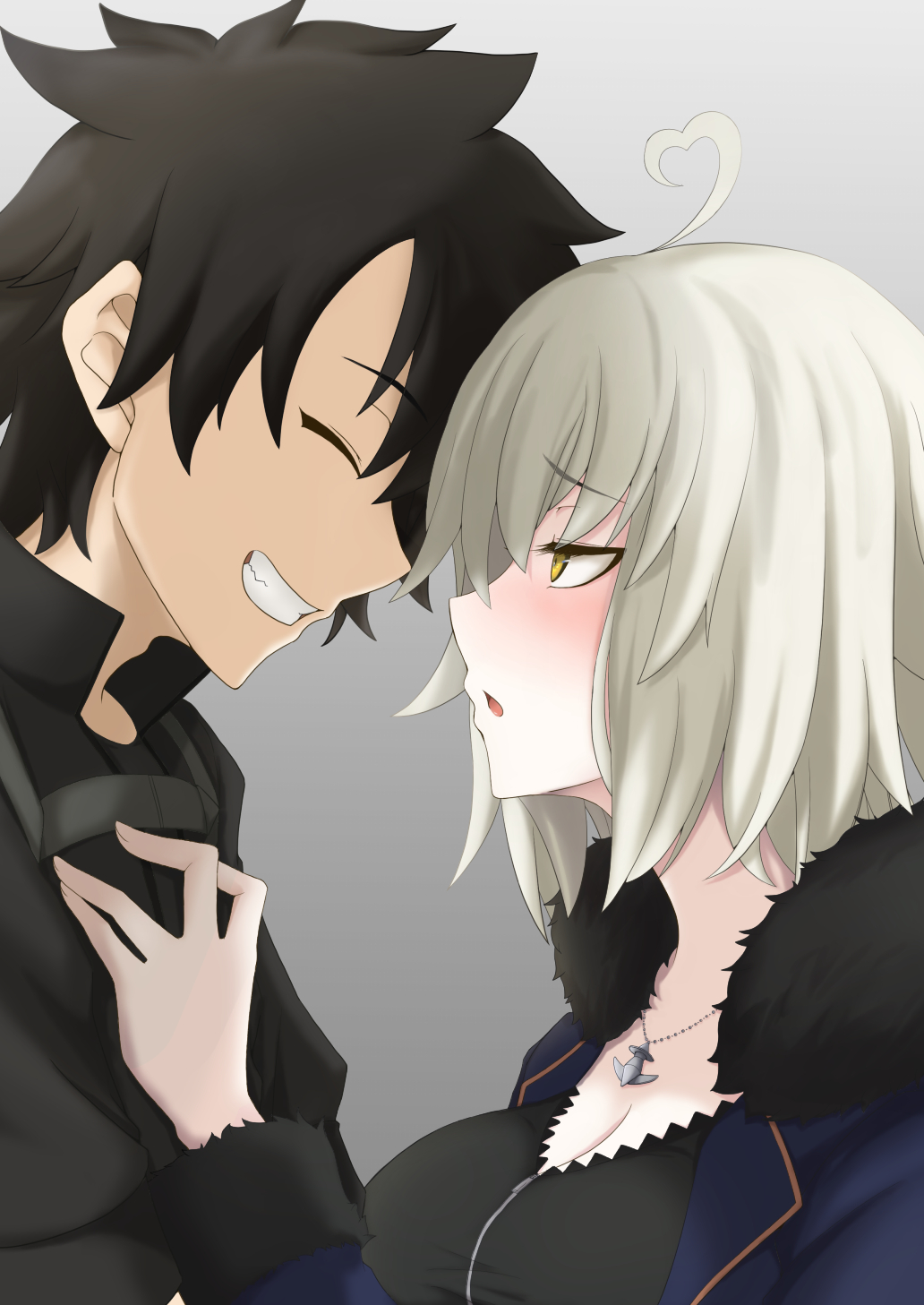 1boy 1girl ahoge black_dress black_hair black_shirt blue_coat blush breasts closed_eyes coat commentary_request dress eyebrows_visible_through_hair fate/grand_order fate_(series) from_side fujimaru_ritsuka_(male) fujimaru_ritsuka_(male)_(polar_chaldea_uniform) fur-trimmed_coat fur-trimmed_sleeves fur_trim grey_hair grin hand_on_another's_chest heart heart_ahoge height_difference highres jeanne_d'arc_alter_(fate) jeanne_d'arc_alter_(ver._shinjuku_1999)_(fate) jewelry large_breasts long_sleeves necklace profile sawatarou_(roto) shirt short_hair smile teeth upper_body yellow_eyes