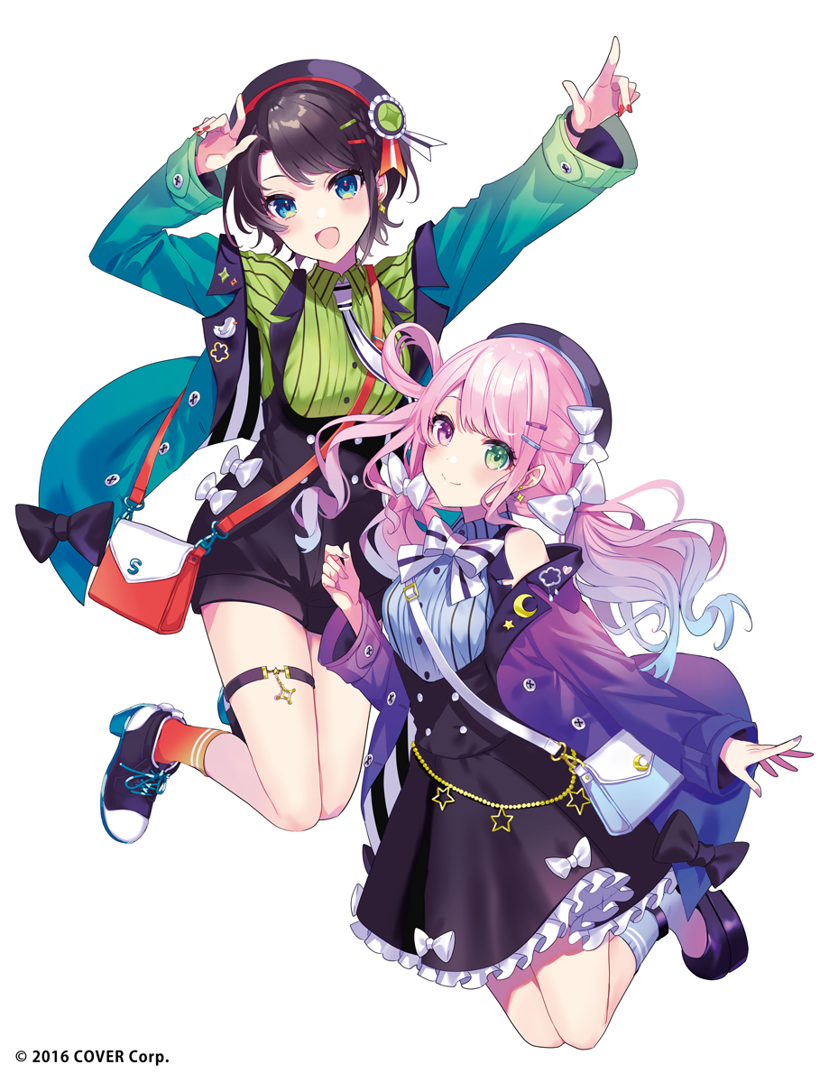 2girls alternate_costume aqua_eyes bag bangs bare_shoulders beret black_hair bow bowtie breasts chain coat collared_shirt dress dress_shirt gradient gradient_clothes gradient_legwear green_eyes handbag hat heterochromia high_heels highres himemori_luna hololive jumping leg_up long_hair looking_at_viewer multiple_girls necktie oozora_subaru orange_legwear pink_hair pinstripe_pattern pinstripe_shirt platform_footwear pointing saine shirt short_dress short_hair sidelocks simple_background smile socks star_(symbol) striped swept_bangs thigh_strap twintails violet_eyes white_background