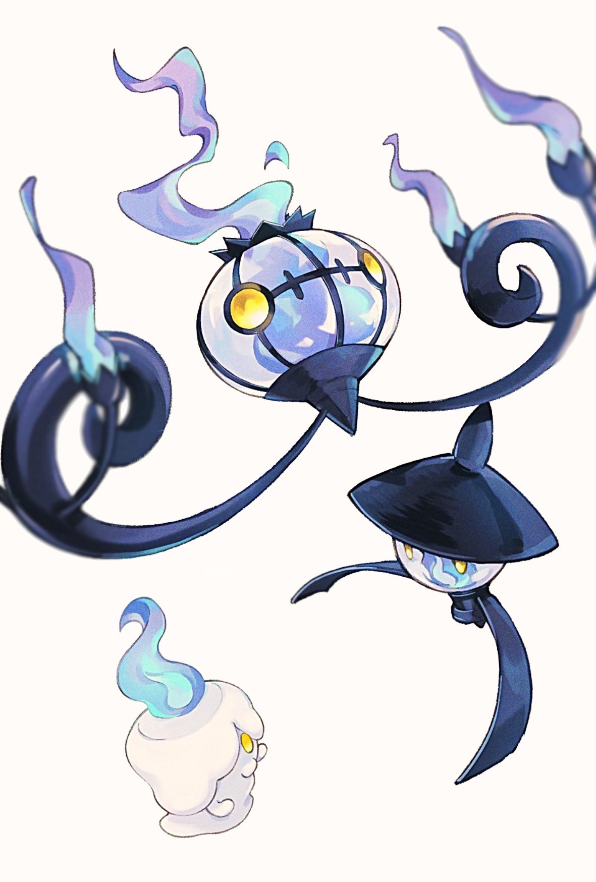 blue_fire chandelure closed_mouth evolutionary_line fire flame highres lampent litwick no_humans pokemon pokemon_(creature) simple_background smile tako2_eaka white_background yellow_eyes