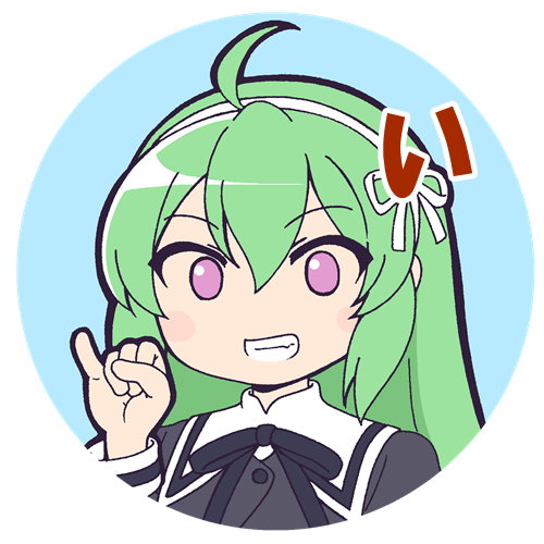 1girl ahoge assault_lily bangs black_ribbon blue_background blush bow_hairband buttons chibi circle commentary_request eyebrows_visible_through_hair fang green_hair grin hair_between_eyes hair_ribbon hairband hand_up long_hair long_sleeves looking_at_viewer lowres masaki_itsuki neck_ribbon no_pupils pinky_out portrait ribbon school_uniform sign_language simple_background smile solo tanaka_ichi translated transparent_background violet_eyes white_hairband white_ribbon yurigaoka_girls_academy_school_uniform