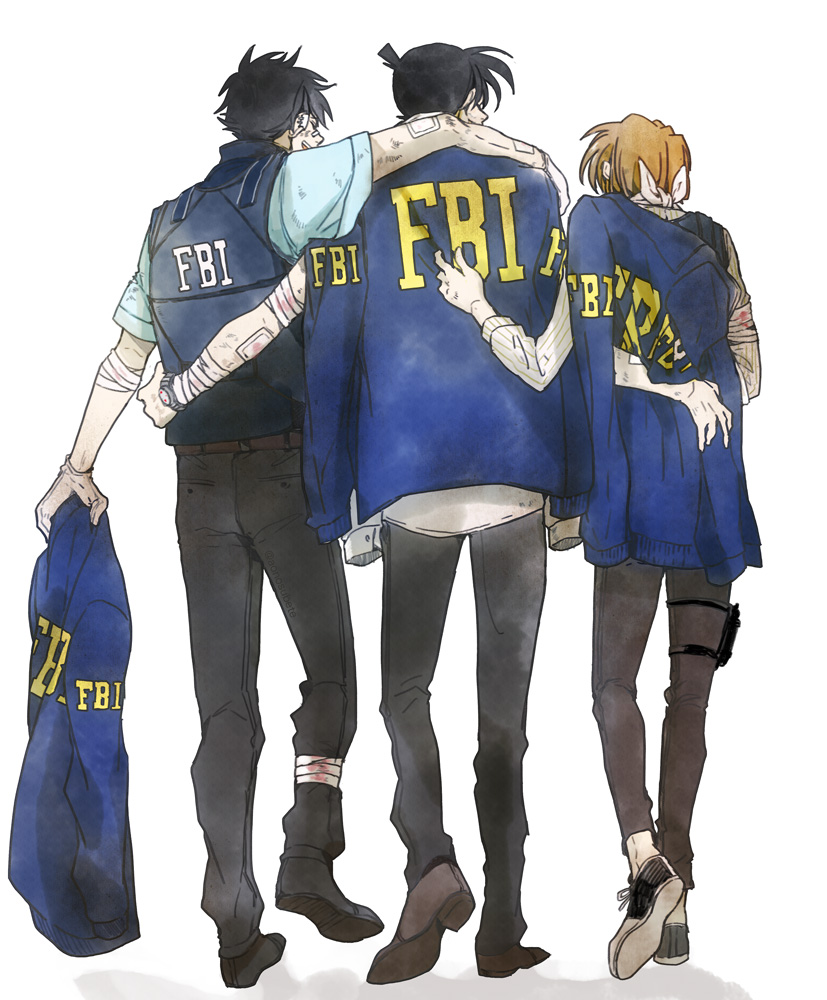 1girl 2boys aonosubete arm_around_shoulder arm_around_waist bandaged_arm bandaged_leg bandages bandaid bandaid_on_arm black_hair black_pants blue_shorts bulletproof_vest child clothes_writing collared_shirt dirty dirty_face facing_away fbi from_behind gloves hand_on_another's_back holding holding_clothes holding_jacket injury jacket jacket_on_shoulders jacket_removed kudou_shin'ichi kuroba_kaito laughing long_sleeves meitantei_conan miyano_shiho multiple_boys pants shirt shoes short_sleeves shorts side-by-side simple_background walking watch watch white_background