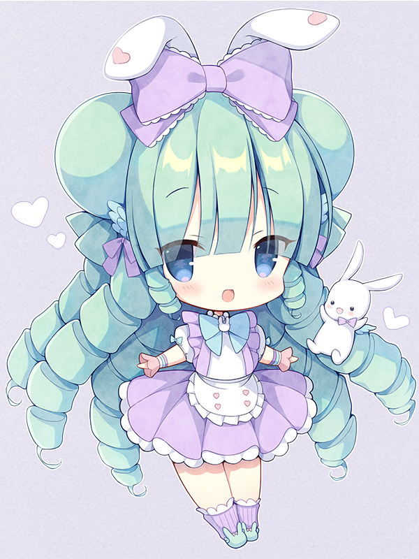 1girl :d animal animal_ears animal_slippers apron bangs blue_bow blue_eyes blush bow bunny_slippers chibi commentary_request commission drill_hair eyebrows_visible_through_hair eyes_visible_through_hair frilled_apron frills full_body green_footwear green_hair grey_background hair_bow izuminanase long_hair looking_at_viewer miruku_(cutesuu) original pleated_skirt puffy_short_sleeves puffy_sleeves purple_bow purple_legwear purple_skirt rabbit rabbit_ears ribbed_legwear shirt short_sleeves simple_background skeb_commission skirt slippers smile socks suspender_skirt suspenders very_long_hair white_apron white_shirt wrist_cuffs