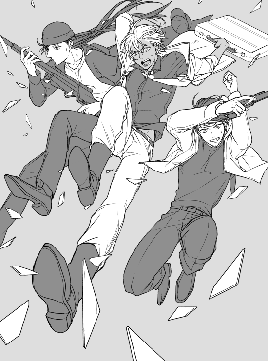 3boys action akai_shuuichi amuro_tooru arms_up bangs beanie boots briefcase clenched_teeth collared_shirt dark-skinned_male dark_skin dress_shirt expressionless formal gun handgun hat hat_loss hat_removed headwear_removed hnz0926 holding holding_briefcase jacket jumping landing long_hair long_sleeves looking_at_viewer male_focus meitantei_conan midair midriff_peek multiple_boys off_shoulder open_clothes open_jacket open_mouth pants rifle scotch_(meitantei_conan) shards shirt shoe_soles shoes short_hair simple_background sleeves_rolled_up sniper_rifle suit teeth very_long_hair weapon