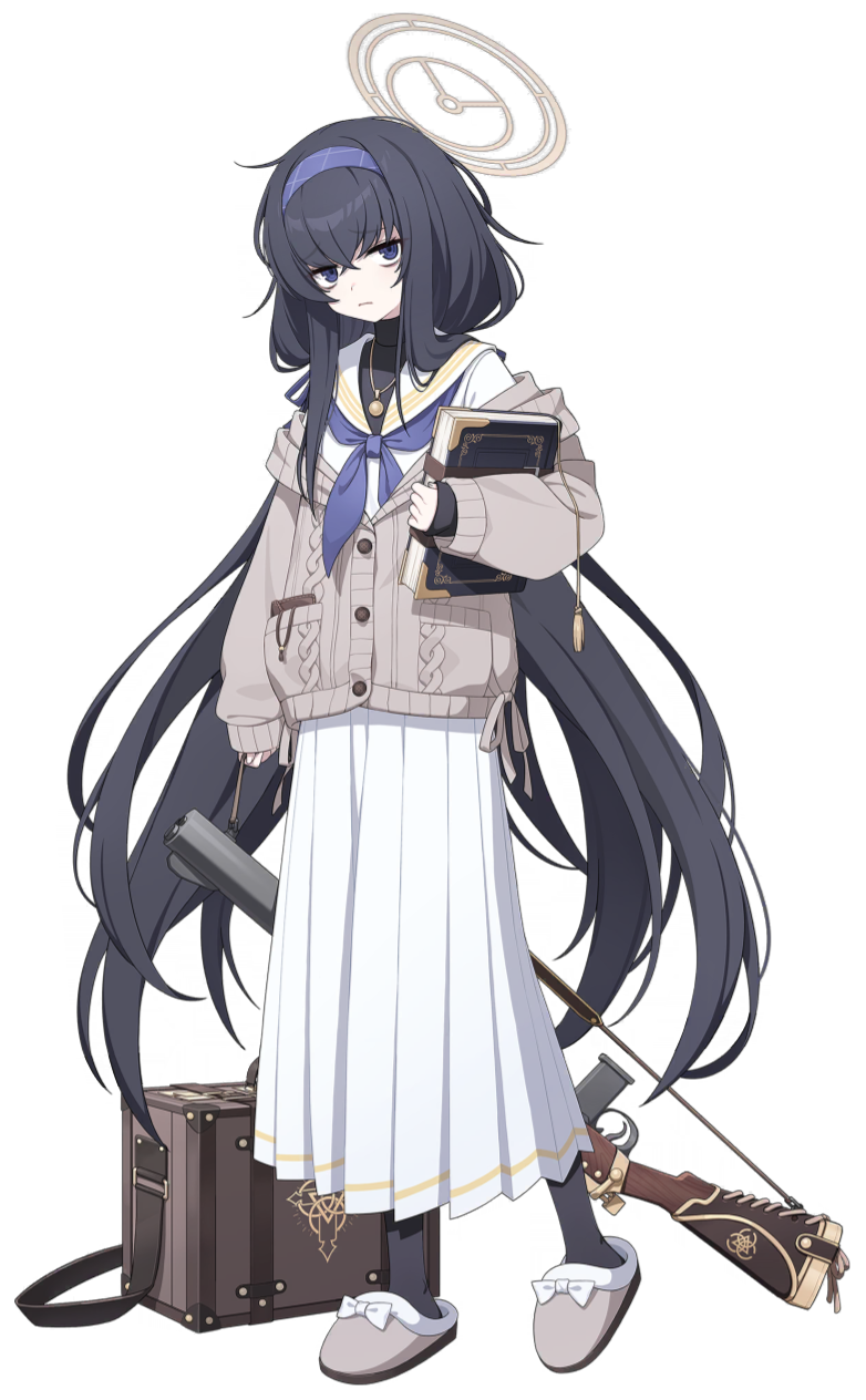 1girl bag bags_under_eyes black_hair blue_archive blue_eyes blue_hairband blue_ribbon bolt_action book brown_cardigan buttons cardigan child_(isoliya) de_lisle_carbine flower full_body gun hair_between_eyes hairband halo highres jewelry long_hair long_skirt long_sleeves looking_at_viewer mojo necklace official_art pleated_skirt ribbon ribbon-trimmed_clothes ribbon_trim rifle sailor_collar shoes skirt smile suppressor sweater transparent_background turtleneck turtleneck_sweater ui_(blue_archive) very_long_hair weapon white_skirt