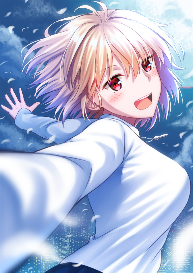 1girl :d antenna_hair arcueid_brunestud bangs blonde_hair blurry blurry_foreground blush breasts day eyebrows_visible_through_hair hair_between_eyes hair_intakes long_sleeves medium_breasts medium_hair mizunashi_hayate open_mouth outdoors outstretched_arms red_eyes shiny shiny_hair shirt smile solo tsukihime upper_body white_shirt