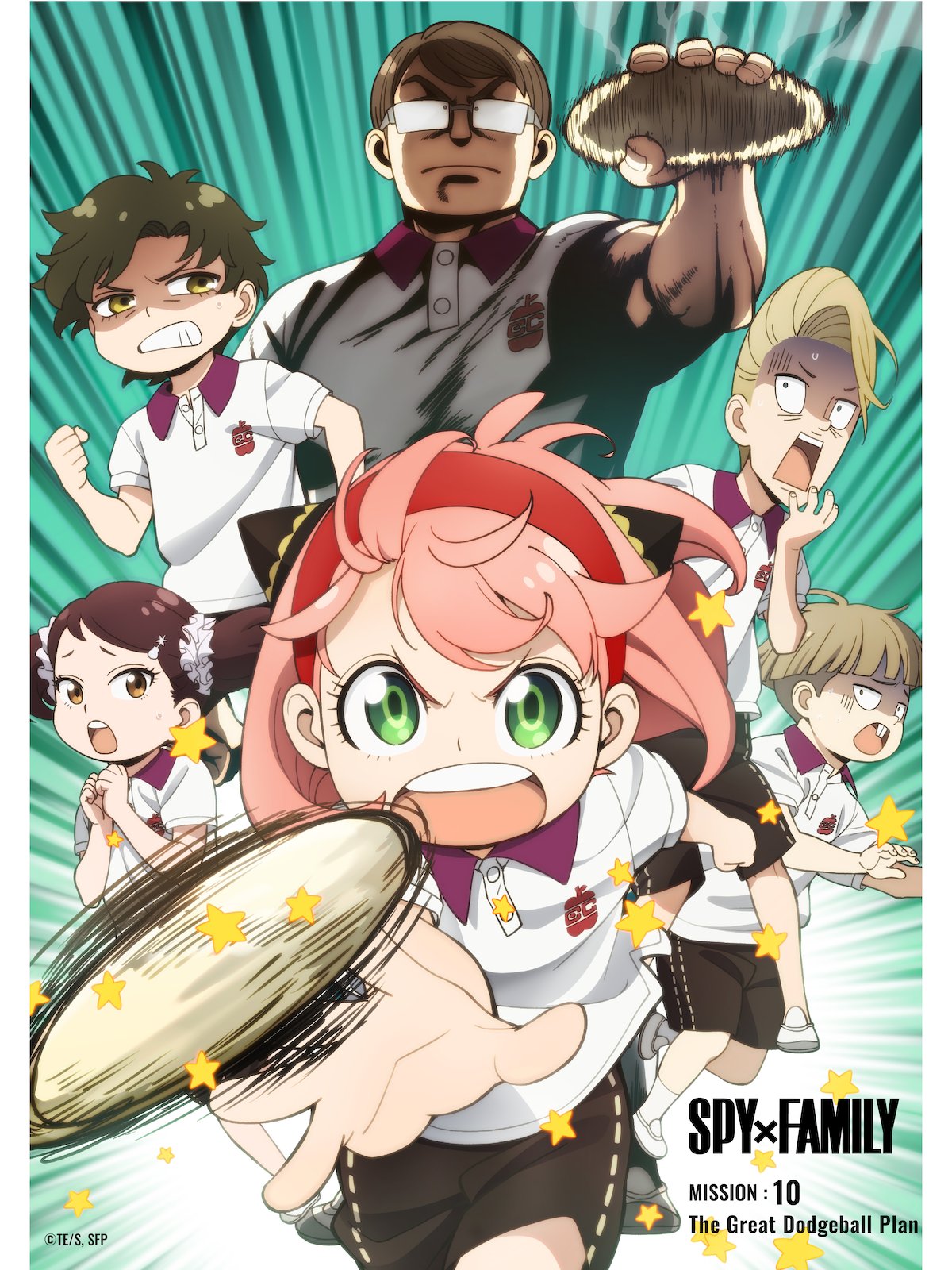 2girls 4boys anya_(spy_x_family) ball becky_blackbell bill_watkins black_hair blonde_hair bowl_cut brown_eyes buck_teeth child damian_desmond emile_elman ewen_egeburg female_child green_eyes gym_uniform hairpods headband highres key_visual male_child medium_hair multiple_boys multiple_girls official_art pink_hair playing_sports promotional_art red_headband shimada_kazuaki short_hair spy_x_family star_(symbol) teeth throwing twintails