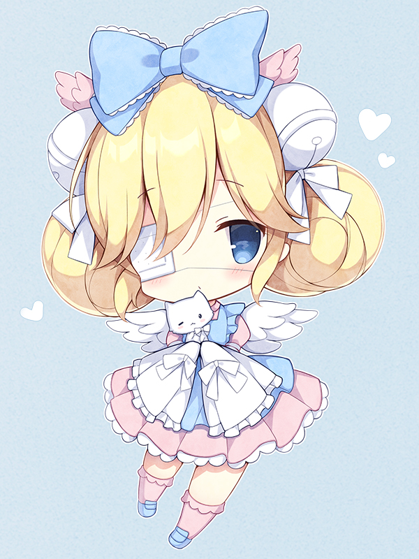 1girl animal apron bangs bell blonde_hair blue_apron blue_background blue_bow blue_eyes blue_footwear blush bow cat chibi closed_mouth commentary_request commission cutesu_(cutesuu) double_bun dress eyebrows_visible_through_hair eyepatch feathered_wings frilled_apron frilled_dress frilled_legwear frilled_sleeves frills full_body hair_bell hair_between_eyes hair_bow hair_bun hair_ornament heart izuminanase jingle_bell kneehighs layered_sleeves loafers long_sleeves medical_eyepatch original pink_dress pink_legwear pleated_dress puffy_short_sleeves puffy_sleeves shoes short_over_long_sleeves short_sleeves simple_background skeb_commission sleeves_past_fingers sleeves_past_wrists solo white_cat white_wings wings