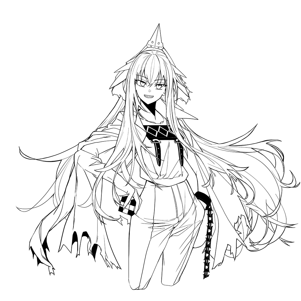 1girl :d arknights bangs chain cropped_legs cuffs eyebrows_visible_through_hair fkskii65 greyscale grin hand_in_pocket holding hood hood_up kafka_(arknights) long_hair long_sleeves looking_at_viewer monochrome pants parted_lips prison rubik's_cube shackles smile solo torn_clothes very_long_hair