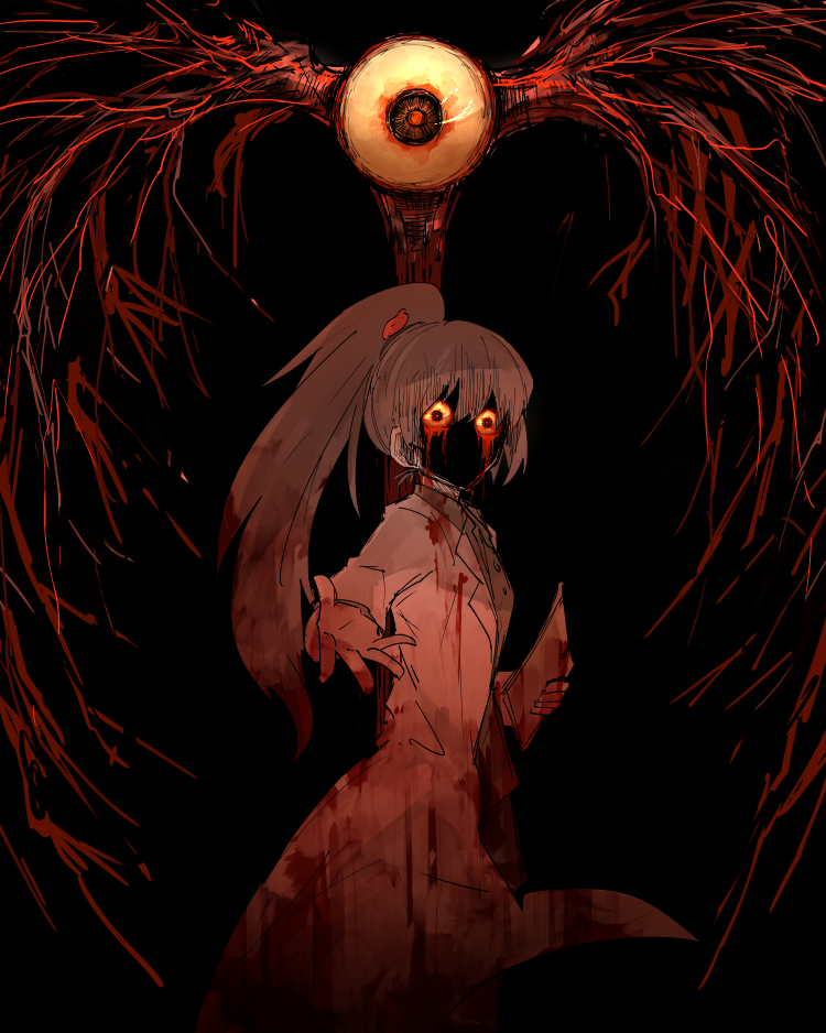 1girl bad_id bad_pixiv_id beckoning black_background blood blood_in_hair blood_on_clothes blood_on_hands buttons carmen_(project_moon) coat collared_shirt commentary_request eyeball facing_viewer from_side grey_hair holding holding_paper kankan33333 labcoat lobotomy_corporation long_coat long_hair long_sleeves monster open_clothes open_coat open_mouth outstretched_hand paper ponytail project_moon shaded_face shirt simple_background solo the_burrowing_heaven white_coat