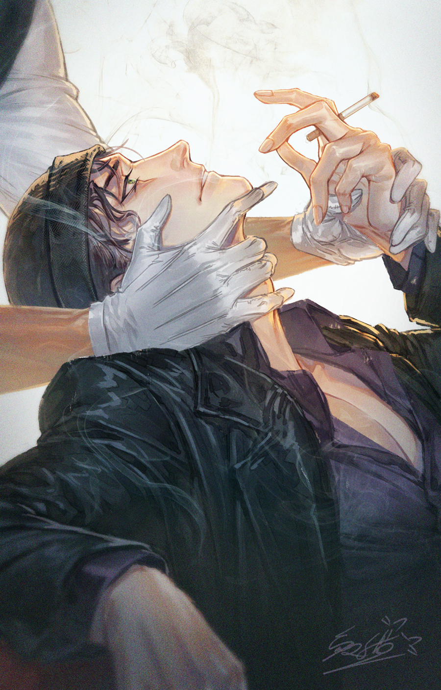 akai_shuuichi amuro_tooru bags_under_eyes bangs between_fingers black_hair black_jacket blurry cigarette collared_shirt depth_of_field from_side gloves hand_on_another's_cheek hand_on_another's_face hand_on_another's_neck hand_up highres holding holding_another's_wrist holding_cigarette jacket jiao_mao long_sleeves looking_away looking_up male_focus meitantei_conan out_of_frame outstretched_arm parted_lips pectoral_cleavage pectorals profile purple_hair purple_shirt shirt signature smoke smoking solo_focus wavy_hair white_background white_gloves white_shirt