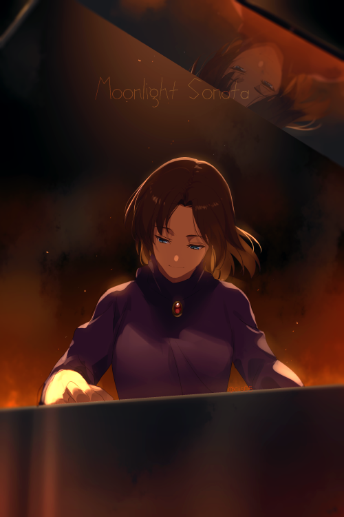 1boy asai_narumi bangs blue_eyes breasts brooch brown_hair burning crossdressing different_reflection echo_(circa) english_text fire floating_hair gem grand_piano half-closed_eyes instrument jewelry long_sleeves meitantei_conan music otoko_no_ko parted_bangs piano playing_instrument purple_sweater red_gemstone reflection sad short_hair smile solo sweater