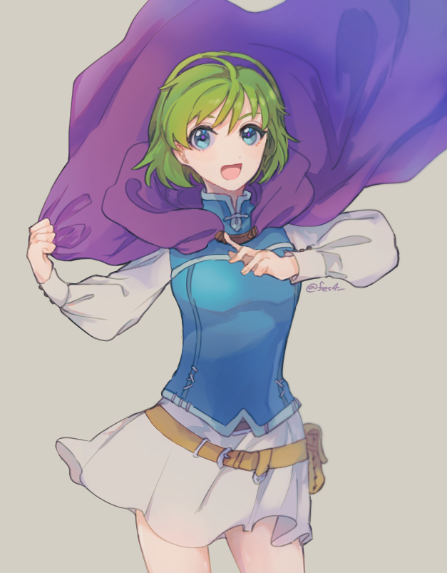 1girl :d blue_eyes cape cape_lift cowboy_shot fes4 fire_emblem fire_emblem:_the_blazing_blade green_hair grey_background hairband long_sleeves looking_at_viewer miniskirt nino_(fire_emblem) open_mouth purple_cape purple_hairband shiny shiny_hair shirt short_hair simple_background sketch skirt smile solo standing white_shirt white_skirt