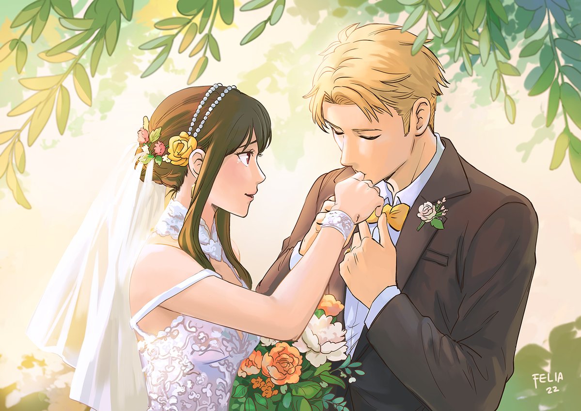 1boy 1girl artist_name bare_arms bare_shoulders black_hair black_suit blonde_hair bouquet bow bowtie bridal_veil closed_eyes collared_shirt commentary dress english_commentary felia_hanakata flower formal hair_flower hair_ornament holding holding_bouquet husband_and_wife kiss kissing_hand long_sleeves parted_lips red_eyes shirt short_hair sidelocks spy_x_family standing suit traditional_bowtie twilight_(spy_x_family) veil wedding wedding_dress white_dress white_shirt yellow_bow yellow_bowtie yor_briar